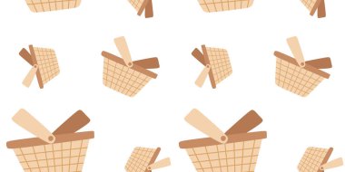 Hasır sepet vektör desenli, elle çizilmiş kare boş piknik kutusu beyaz arka planda izole edilmiş. Poster Şablonu, Kart, Plakkart, Tekstil, Paketleme, Döngü Ögesi için Düz Çizgi Çizim