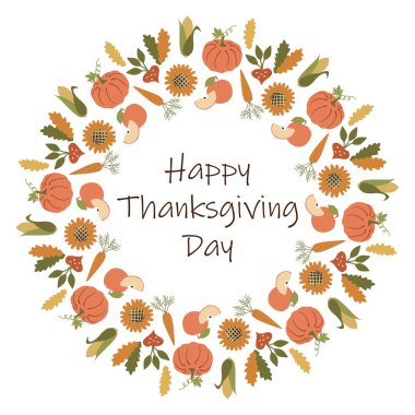 Sonbahar yapraklı Şükran Günü çelengin kutlu olsun. Balkabağı, havuç, ayçiçeği, elma. Vector Flat ya da Harfli Çizgi Film Yuvarlak Sınır çerçevesi. Kart, Poster ve Sanat İçin Tatil Kutlama Şablonu