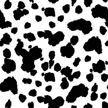 Kusursuz siyah ve beyaz inek lekesi deseni. Hayvan derisi dokusu. Duvar kağıdı şablonu, şablon dolguları, web sayfası arka planı, yüzey dokuları. Kumaş için Vektör Düz Çizgi Film Çizimi