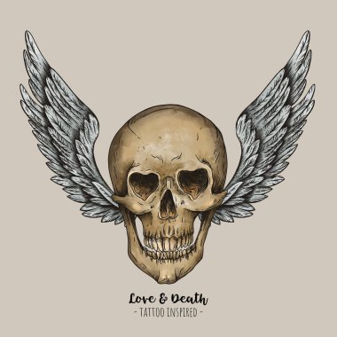 Bej üzerinde melek kanatları olan klasik bir kafatası.