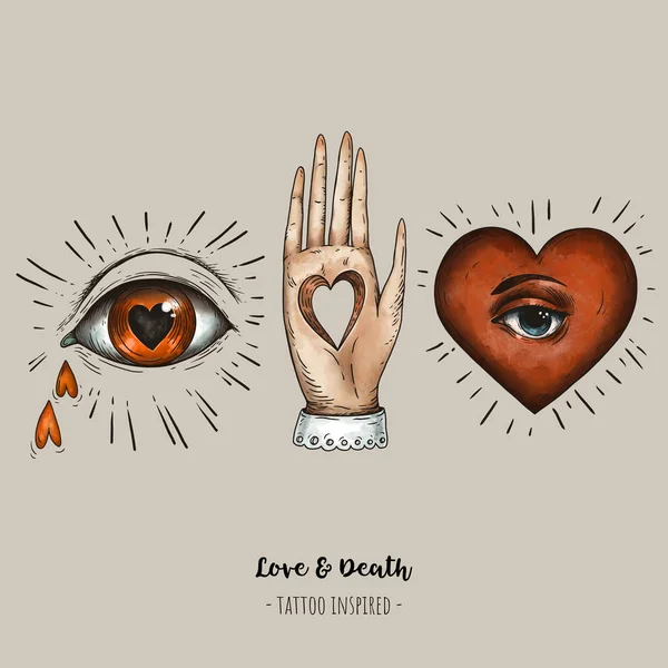 Vintage Love Symbols, red heart, woman hand, eye on beige
