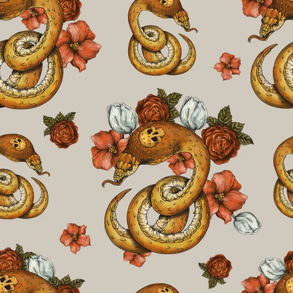 Vintage Sárga Kígyó Zökkenőmentes Minta Virágokkal Tetoválás Textúra Bézs — Stock Fotó