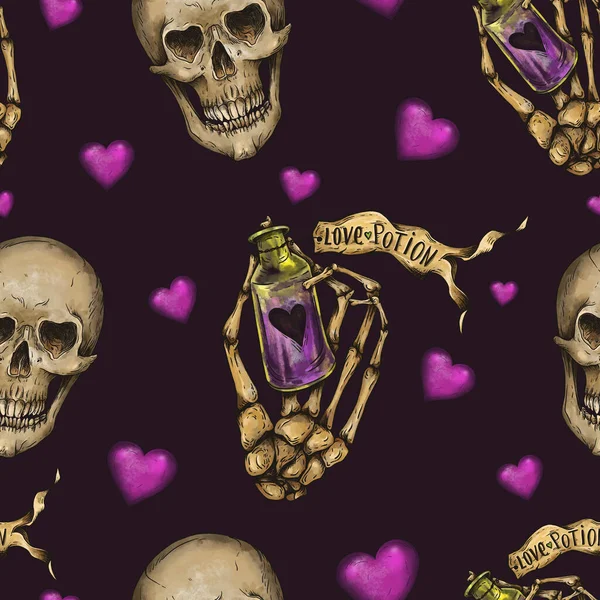 Vintage skull and skeleton hand  seamless pattern with love potion; tattoo texture on black