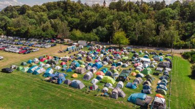 Summer camping in the field from above