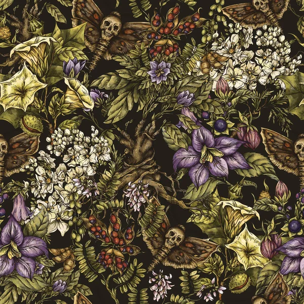 Vintage Wicca Giftige Blumen Und Pflanzen Nahtlose Muster Mit Totenkopf — Stockfoto