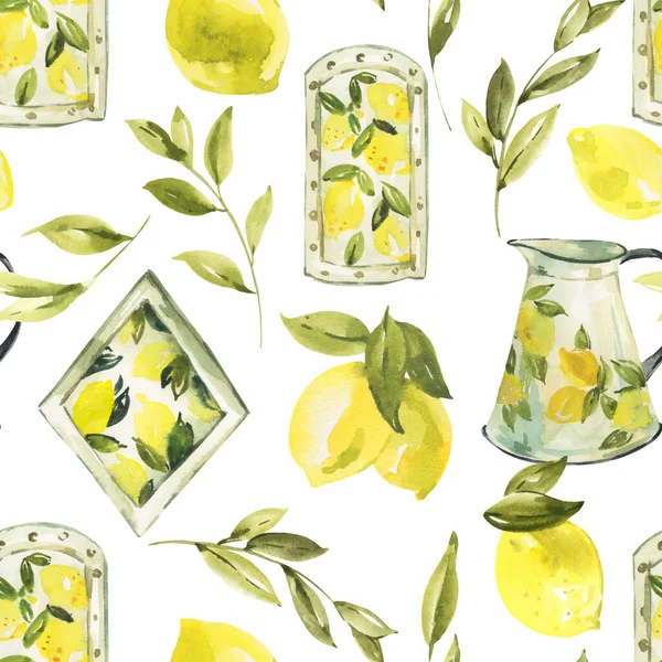 水彩ヴィンテージキッチン素朴なシームレスパターン 白の背景にレモンと白のジャグ — ストック写真