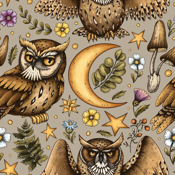 Vintage Mystery Owl Buttercups Flowers Fern Seamless Pattern Beige Background — Stock Photo, Image