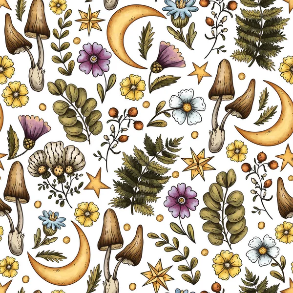 Vintage botanical buttercups flowers, moon and fern seamless pattern on white background