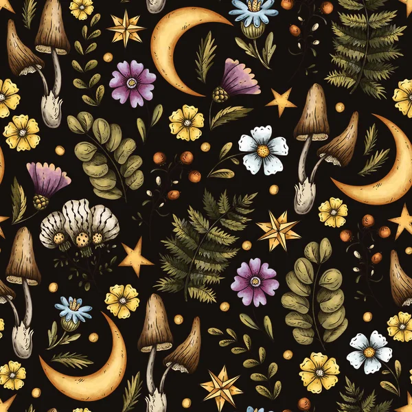 Vintage botanical buttercups flowers, moon, and fern seamless pattern on black background