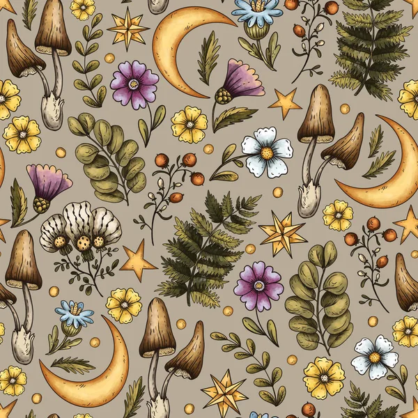 Vintage botanical buttercups flowers moon and fern seamless pattern on beige background