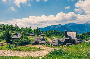 Slovenya 'daki Büyük Pasta Platosu veya Velika Planina' daki Geleneksel Dağ Ahşap Çoban Barınakları