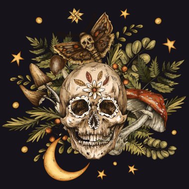 Mantarlı Vintage Skull, cadılık çizimi