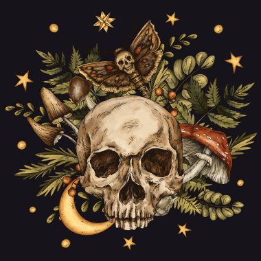 Mantarlı Vintage Skull, cadılık çizimi