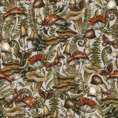 Klasik Woodland Mantarları Kusursuz Desen, Amanita, Doğa Botanik Doku