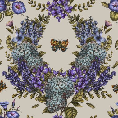 Klasik Botanik Mavi Çiçekler Kusursuz Desen, Eğrelti otları ve Güvelerin Çiçek İllüstrasyonu
