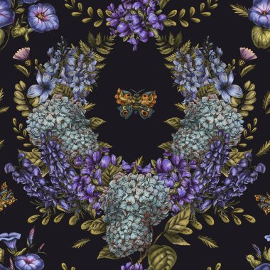 Klasik Botanik Mavi Çiçekler Kusursuz Desen, Eğrelti otları ve Güvelerin Çiçek İllüstrasyonu