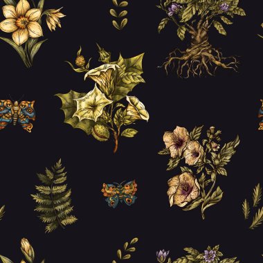 Klasik Botanik Sarı Çiçekler Kusursuz Desen, Romantik Çiçek dokusu