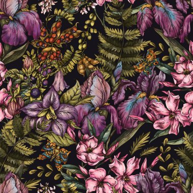 Klasik Botanik Pembe Çiçekler Kusursuz Desen, Romantik Çiçek İllüstrasyonu