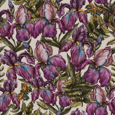 Klasik Botanik İris Çiçekleri Kusursuz Desen, Romantik Çiçek Çizimi