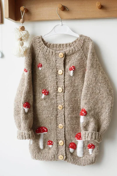 Baby knitted clothes. Handmade knitted sweater with fly agaric mushrooms. Jacket with embroidery.