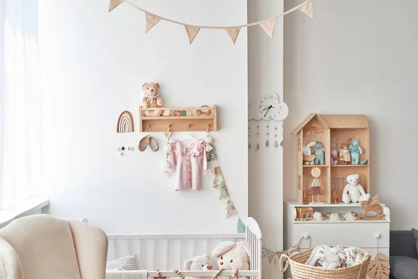 Children's bedroom interior. Playroom. Babies toys and accessories