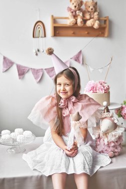 Happy birthday girl. Candy bar. Party decor and decorations. Cake and sweets.