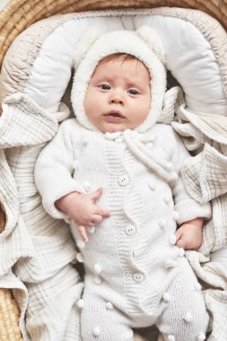 Baby lying in wicker cradle. Happy Mother's and Father's Day. Childhood and parenthood.