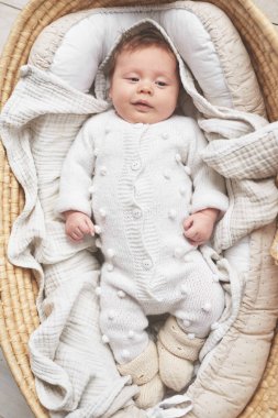 Baby lying in wicker cradle. Happy Mother's and Father's Day. Childhood and parenthood.