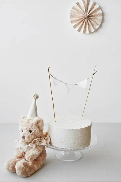 Egy Éves Buli Dekoráció Boldog Szülinapot Torta Zúzás — Stock Fotó