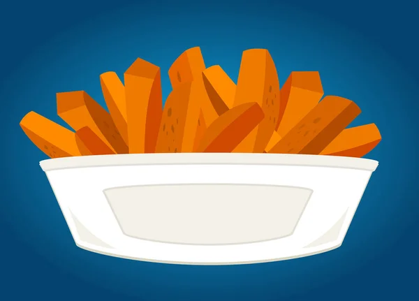 Süßkartoffel Süßkartoffelkeil Pommes Schüssel Über Blauem Hintergrund Lebensmittel Küche Illustration — Stockvektor