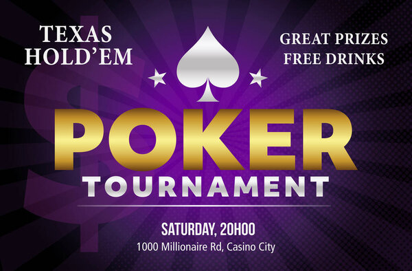 Purple and gold Poker night tournament event invitation design in vector 