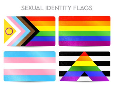 Sexual Identity pride flags set with grunge texture illustration. Flag gender sex homosexual, transgender, bisexual, lesbian, straight ally clipart