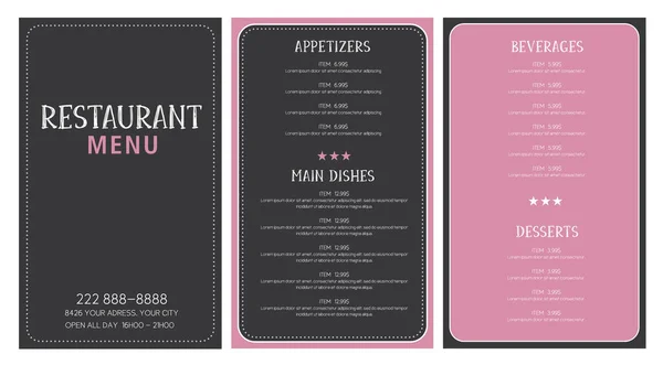 Restaurant Menu Design Layout Pink Dark Grey Template — Stock Vector