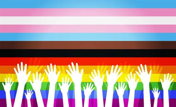 彩虹条纹骄傲背景旗帜概念Lgbtq2 女同性恋 男同性恋 双性恋 变性者 有时甚至是质疑 以及两股或更多的精神 手举着轮廓 — 图库矢量图片