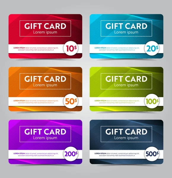 Gift Cards Different Values Multicolored Template Set Vector Illustration — Stock Vector