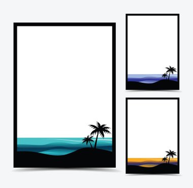 Tropikal okyanus ve palmiye ağacı plajı günbatımı manzara çerçeve soyut dalga tasarım vektör ilüstrasyonu