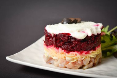 Close up to Gunkan Maki sushi roll served on chefs knife isolated on black background. Hand roll with salmon, shrimp, caviar, greens on top. Ready menu advertising banner with text space