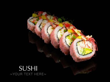 Japanese Crab meat sushi roll with mirror reflection isolated on black background. Pan Asian dish with avocado, cheese with micro greens on top. Ready advertising banner with text and copy space