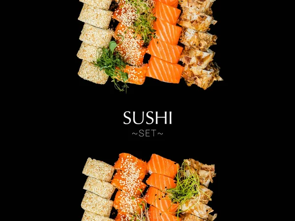 Variety Japanese Sushi Roll Pieces Isolated Black Background Large Set — Stock Photo, Image