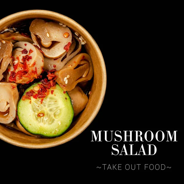 Above of Pan Asian mushroom salad served in delivery box plate isolated on black background. Dish served with cucumber and chili pepper. Ready menu advertising banner with text and copy space.