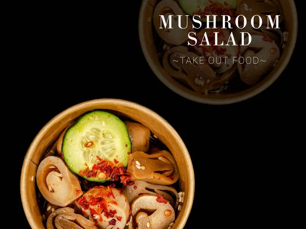 Directly above of Pan Asian mushroom salad served in delivery box plate isolated on black background. Dish served with cucumber and chili pepper. Ready menu advertising banner with text and copy space