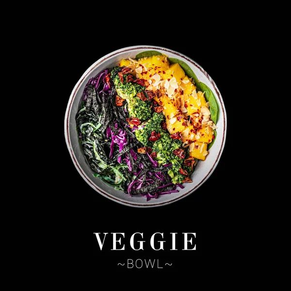 Top view of Veggie poke bowl isolated on black background. Ready square menu banner with text and copy space. Pan Asian vegetarian dish with broccoli, cabbage, nori seaweed and fresh mango cubes
