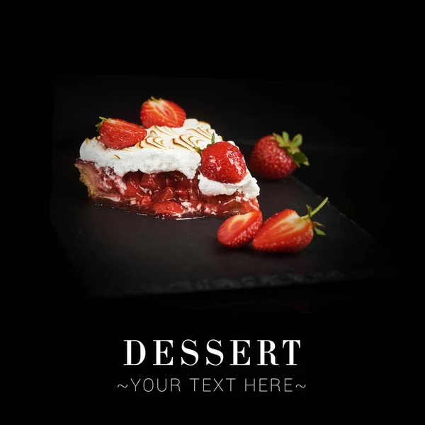 Side View Piece Custard Pie Fresh Strawberry Jam Berries Top — Stockfoto
