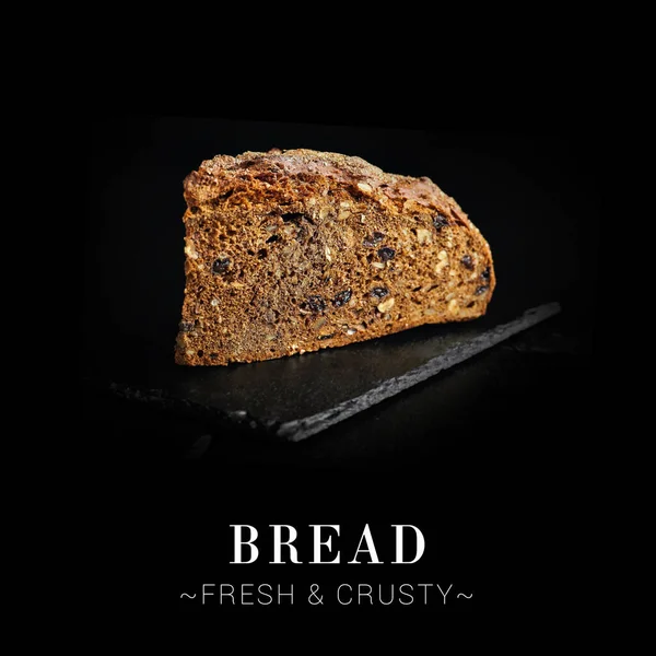 Close up to yeast-free bread slice isolated on black background. Ready square menu banner with text and copy space. Fresh rye bread with nuts, seeds and raisins inside served on slave board