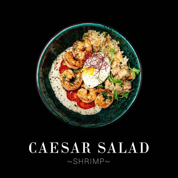 Top View Seafood Caesar Salad Served Bowl Isolated Black Background — Fotografia de Stock