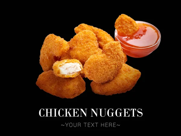 stock image Portion of crispy chicken nuggets with sweet and sour sauce isolated on black background. Ready menu banner with text and copy space. Side view of Fast food dish object