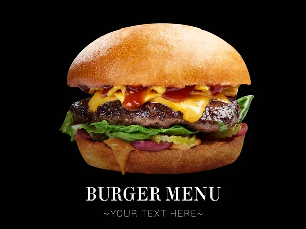 stock image Double cheeseburger with ground beef cutlet, Cheddar cheese, onion, lettuce, pickles, mustard and bbq sauce. burger isolated on black background. Ready menu advertising banner with text, copy space