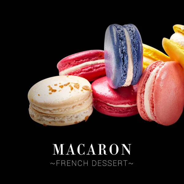 Close Set French Dessert Macarons Isolated Black Background Group Different — Stockfoto