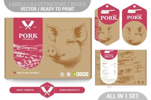 stock vector Farm Pork meat packaging design set featuring detailed hand drawn illustrations, accents and informative labels. Perfect for farms, butchers, and supermarkets seeking a high-quality meat 