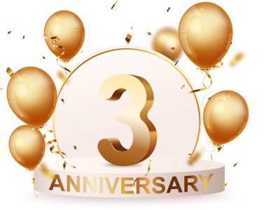 Altın konfeti ve balonlarla 3. Yıldönümü Kutlama Kürsüsü arka planı